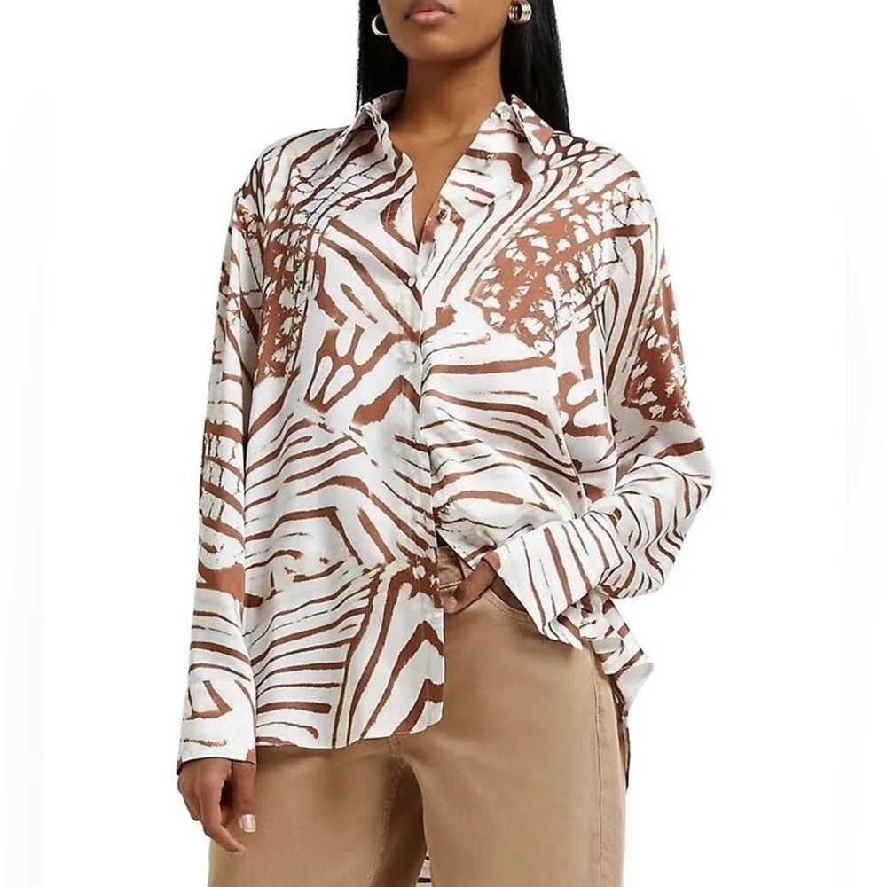 River Island Animal Print Boyfriend Satin Shirt in Brown Size 4